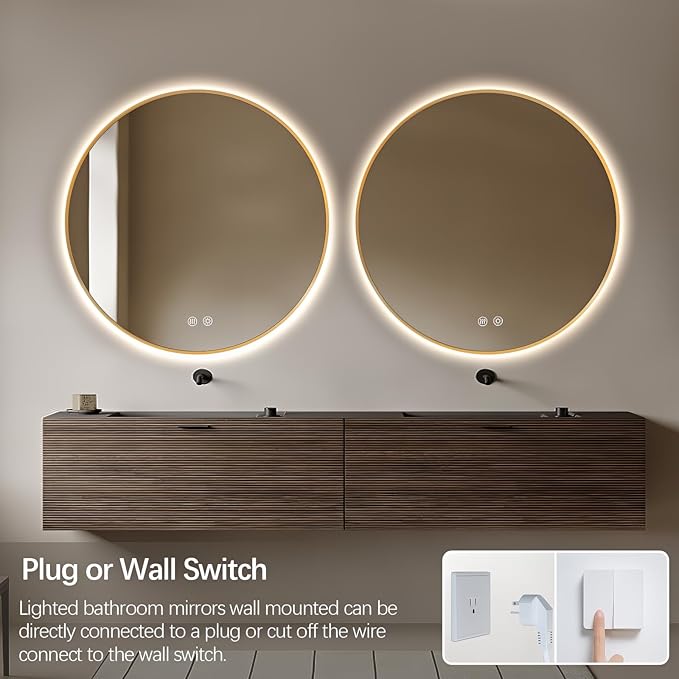 Niccy Round Led Mirror for Bathroom, 40" Backlit Mirror for Wall Circle Lighted Mirror with Gold Frame Anti-Fog, 3 Colors, HD Glass and IP65 Waterproof