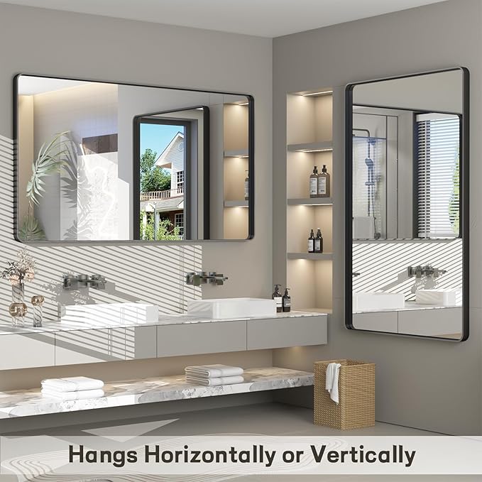 72x36 Inch Black Framed Bathroom Mirror for Wall, Large Matte Metal Framed Wall Mirror, Rounded Rectangle Vanity Mirror, Tempered Glass, Anti-Rust, Shatterproof (Horizontal/Vertical)