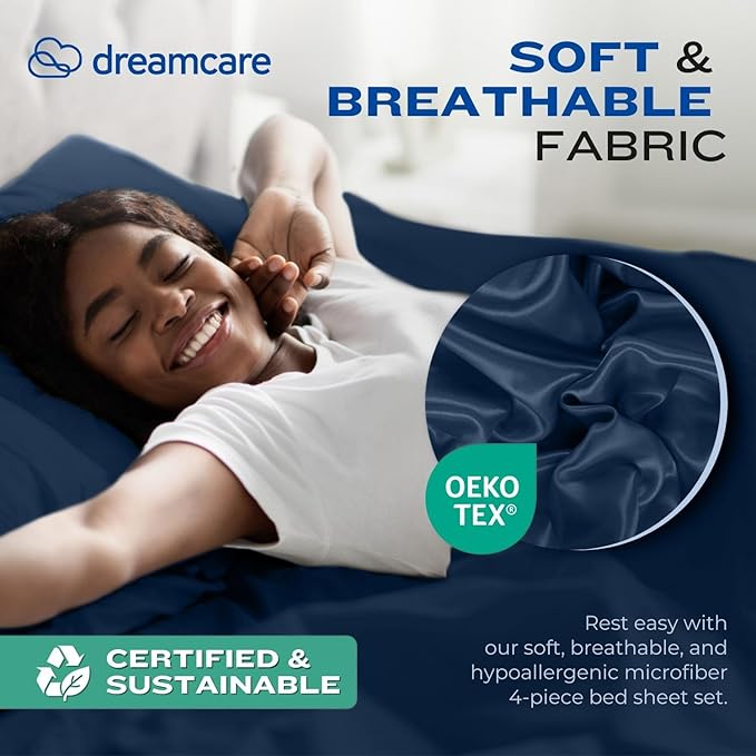 DREAMCARE California King Sheet Sets – 4 pcs Cooling Sheets – up to 21” Deep Cal King Sheets – Hotel Luxury Pillowcases – Superior Softness 100% Fine Microfiber with Side Pocket – Navy Blue