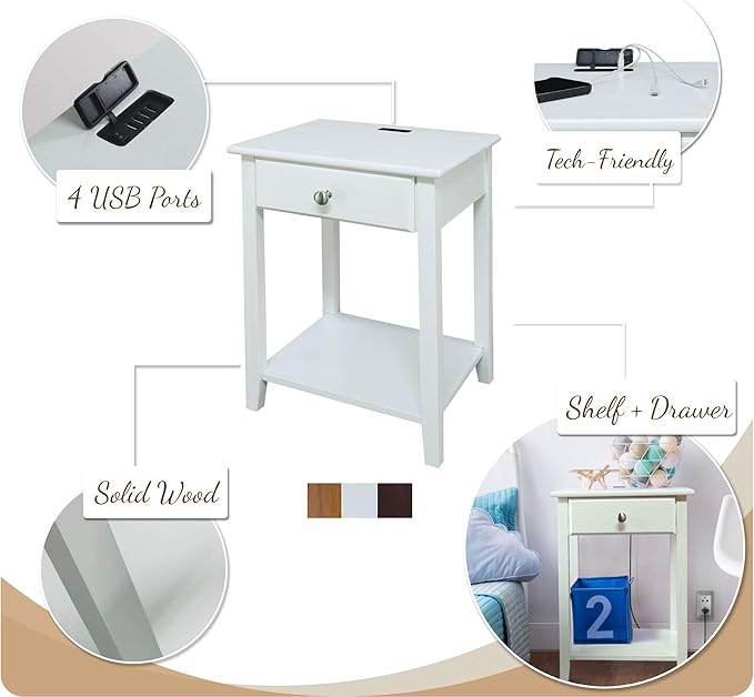 Casual Home Owl Night Stand with USB Port Charging Station and Drawer, 17.5"W x 14.25"D x 24.5"H, Espresso