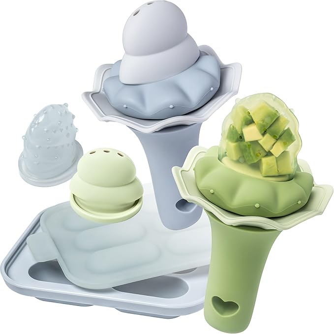 Moonkie Baby Fruit Feeder with Freezer Tray, BPA Free Silicone Food Feeder for Infant Self Feeding, Breastmilk Popsicle Molds, Mesh Feeder with Two Pouches, Baby Shower Gifts 4 Months+, 2 Pack