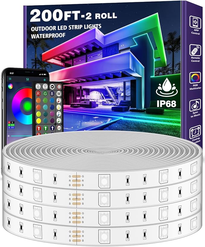 AILBTON 200ft Outdoor LED Strip Lights Waterproof,IP68 Outside Led Light Strips Waterproof with Bluetooth App Remote Control,Music Sync RGB Exterior Led Rope Lights,for Balcony,Deck,Roof,Garden,Pool