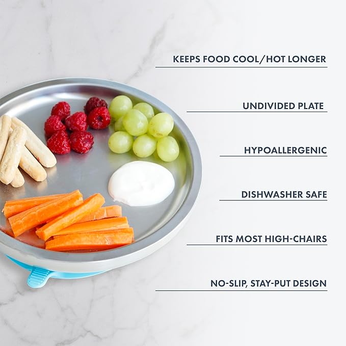 Avanchy Open Baby Plates with Suction – Stainless Steel Divided Plates for Toddlers, BPA-Free, Dishwasher Safe, Unbreakable, Non-Toxic, 100% Silicone Suction – Gray