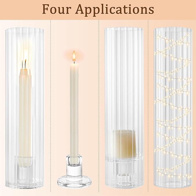 Hurricane Candle Holder Thickened Ribbed Cylinder Covers Taper Candle Sticks Holder Glass Tall Candlesticks Holders Centerpiece for Wedding Dining Table, 10 Pcs