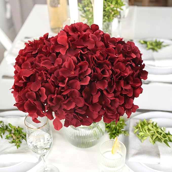 AVIVIHO Burgundy Artificial Flowers Fake Hydrangeas 10pcs Heads Full Faux Hydrangea Flowers Artificial Silk Flowers with Stems for Wedding Home Party Shop Baby Shower Decoration