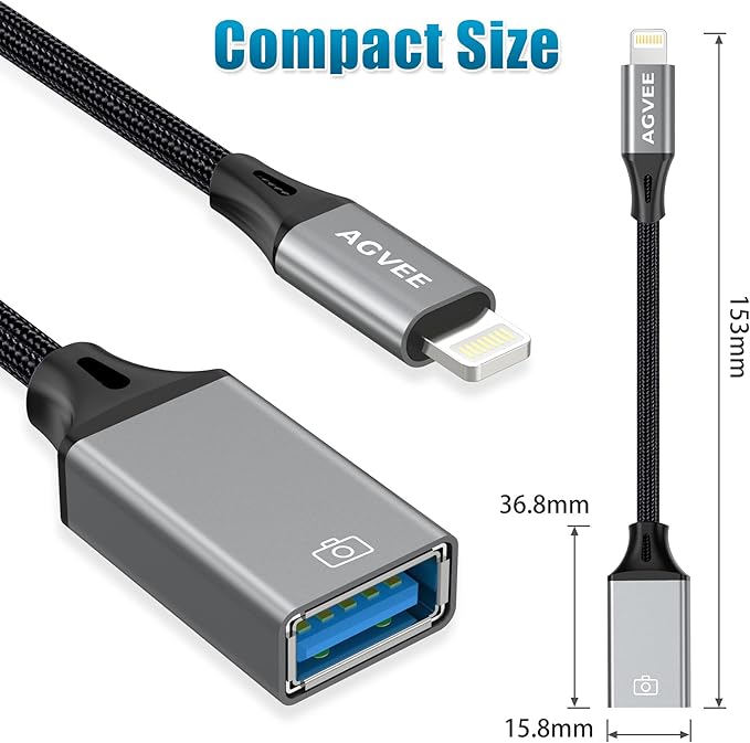 AGVEE 4 inch Lightning to USB Female Camera Adapter, OTG Cable for iPhone iPad to Connect Card Reader, USB Flash Drive, MIDI, Keyboard, Mouse, Hubs, Plug & Play, Dark Gray