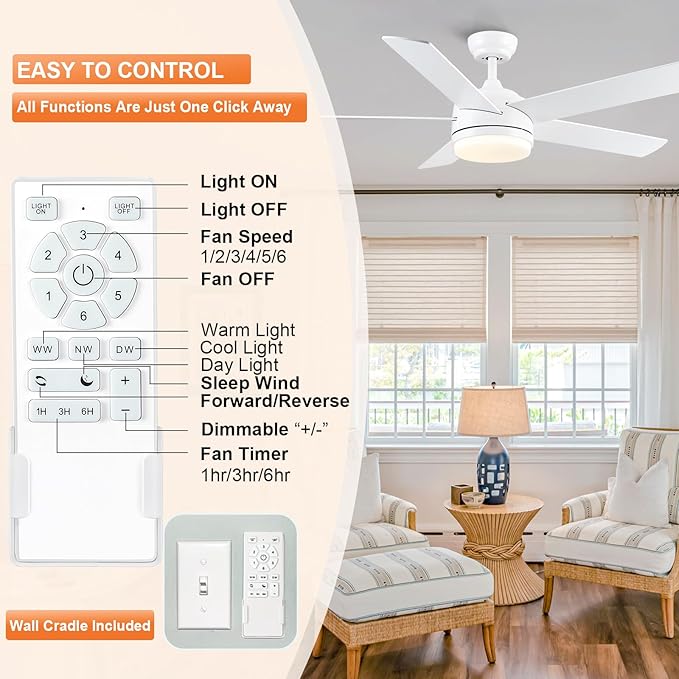 YUHAO 52 Inch White Ceiling Fan with Light and Remote Control.Noiseless,Dimmable,3CCT,6 Speeds Reversible, DC Ceiling Fans for Indoor or Covered Outdoor