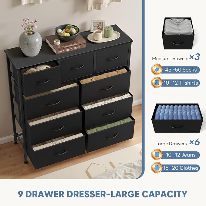DUMOS 9 Drawer Dresser for Bedroom, Fabric Storage Organizer with Sturdy Metal Frame, Wooden Top Chest of Drawers for Closet Nursery Entryway Guest Room,Matte Black