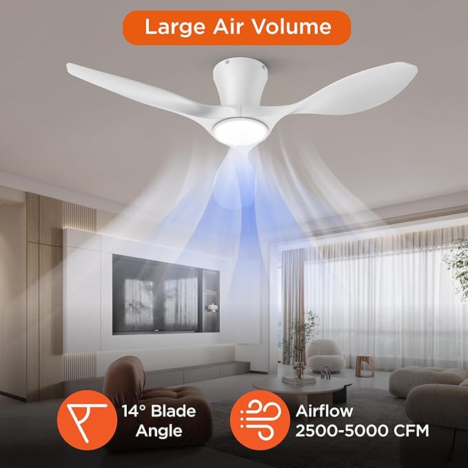 TALOYA Ceiling Fans with Lights,42 inch Modern Low Profile Ceiling Fan with Light and Remote Control, Flush Mount, 3CCT, White Ceiling Fan for Bedroom Living Room and Patio