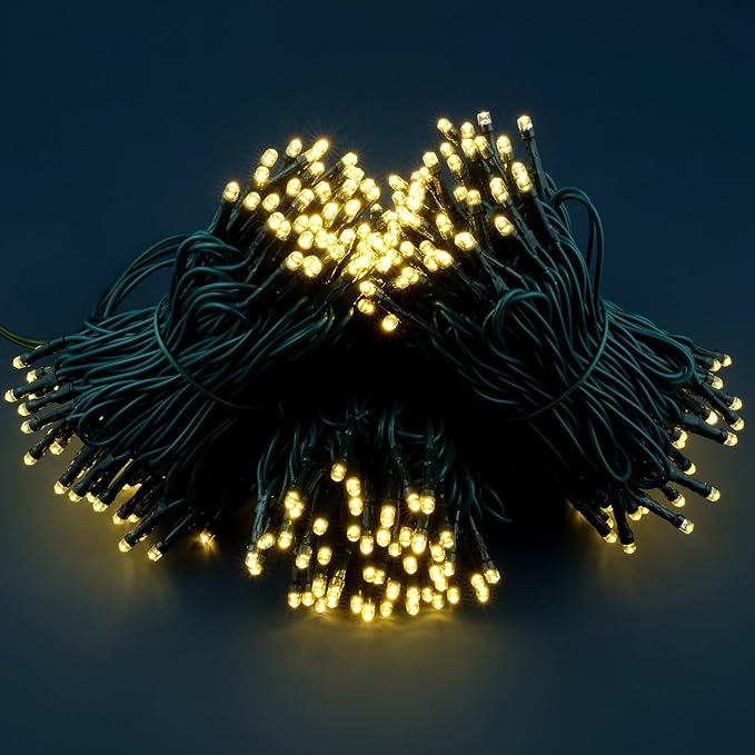 YULETIME 100 ft 300 Count Warm White LED String Lights with 8 Models Adapter, Green Wire Wide Angle 5mm Christmas Lights (Warm White - Green Wire)