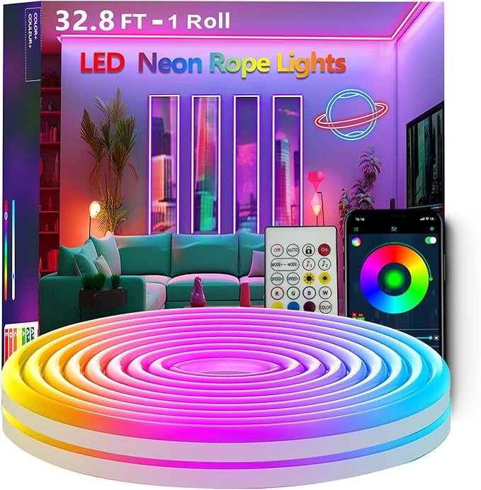 32.8FT Neon Rope Lights,Flexible Led Rope Light Control with App/Remote,Multiple Modes,Music Sync,IP65 Outdoor RGB Led Strip Lights Waterproof