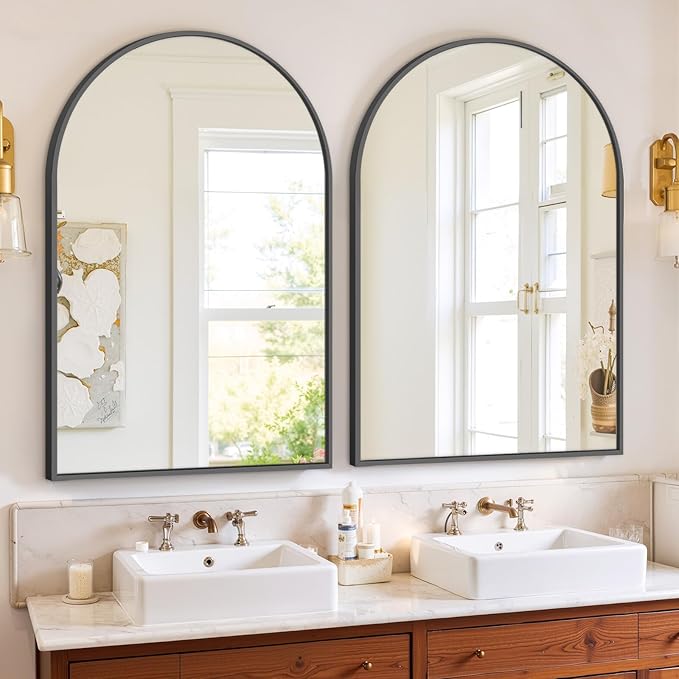 Sweetcrispy Arched Bathroom Mirror 38x26 Inch Black Metal Framed Arch Vanity Mirror for Wall, Over Sink, Farmhouse, Restroom, Anti-Rust, Modern Decorative, Hanging or Leaning