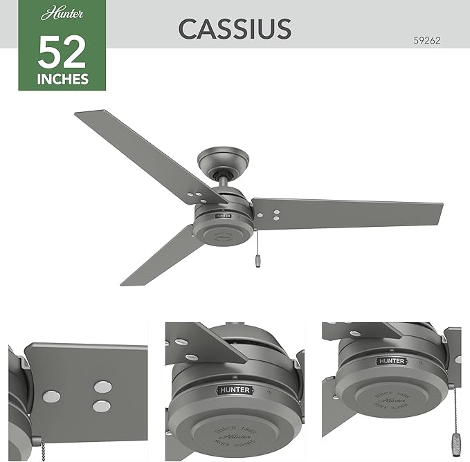 Hunter 52 inch Outdoor or Indoor Ceiling Fan No Light - Silver Ceiling Fan without Light, For Patio, Porch, Garage, or Living Room, Standard Mount, 3 Blades, Pull Chain - Cassius 59262, Matte Silver