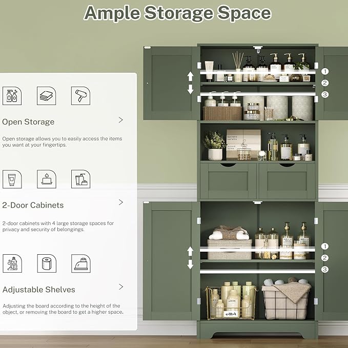 Iwell 58" H Tall Bathroom Storage Cabinet with 2 Drawers & 2 Adjustable Shelves, Bathroom Cabinet with 4 Doors, Tall Cabinet for Living Room, Dining Room, Entryway, Forest Green
