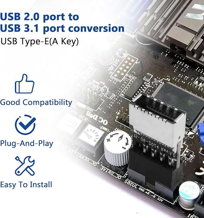 USB 2.0 to USB 3.2 Gen 1 Header Adapter, Mainboard 9 Pin Male to USB 3.1 Type-E (A-Key) Female Converter for Extending USB C Ports on Front Panel of PC (2 Pack)