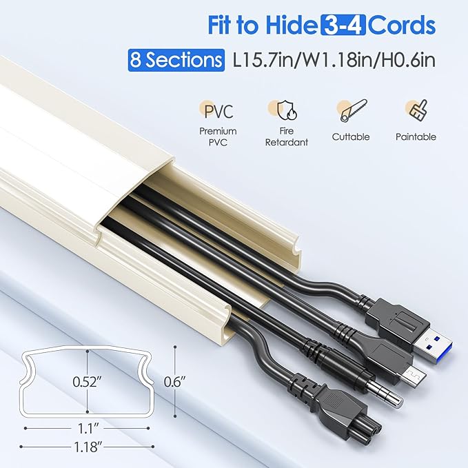 Yecaye 125in Cord Hider, Large Cord Covers for Wires on Wall, Cable Management Kit for Mount TVs, Wire Hider Cable Concealer for Home Office, W1.18in H0.6in, Beige