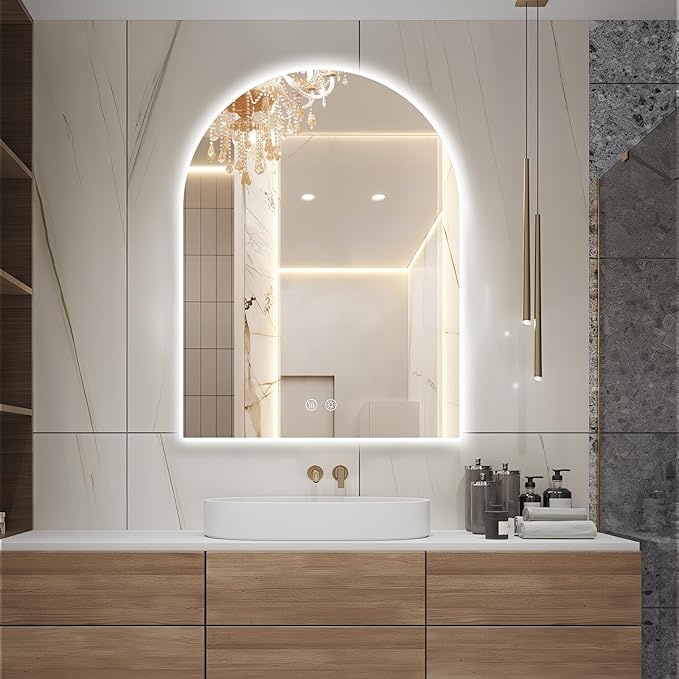 Niccy Arched LED Bathroom Mirror, 40x30 Inch Arch Frameless Backlit Mirrors for Wall Arched Lighted Vanity Mirrors Defogger and 3 Color, Explosion-Proof, HD Glass and IP65 Waterproof