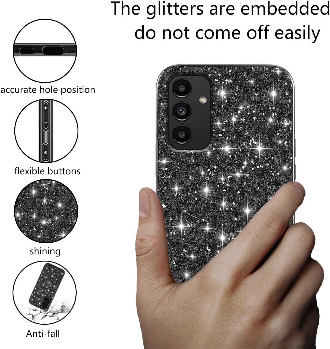 Samsung A15 Case, Glitter Shockproof Cover, Bling Sparkly TPU and PC Silicone Thin Protective for Women Girls, Black