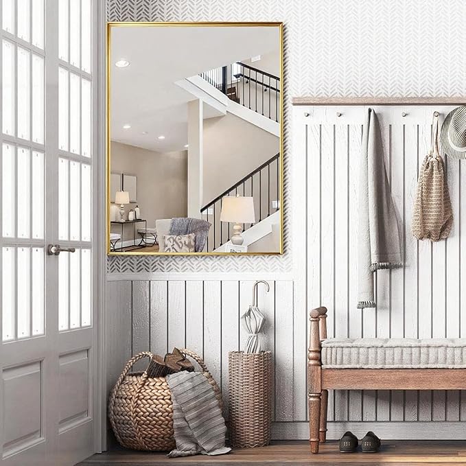 60x30 Inch Gold Bathroom Mirrors for Over Sink, Modern Rectangle Mirror, Large Framed Mirrors, Tempered Glass, Wall Mounted for Bedroom Living Room Horizontal/Vertical