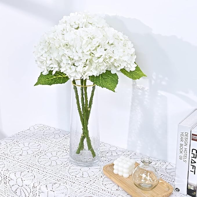 Waipfaru 21" Real Touch White Hydrangea Artificial Flowers with Long Stem & Leaves, Full Latex Faux Hydrangea Flowers for Home Decor Party Floral Arrangements Wedding Bouquets Centerpieces, 5Pcs
