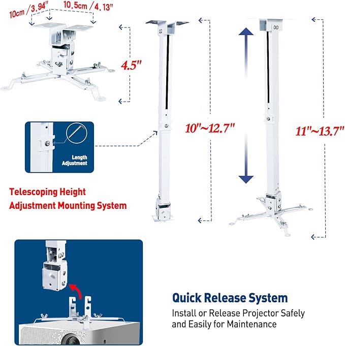 Projector Ceiling Wall Mount Adjustable Height from 11 to 13.7 Inches Bracket with Extendable Arms Low Profile Holder Hanger for Home Office Compatible with Epson Optoma Benq (White)