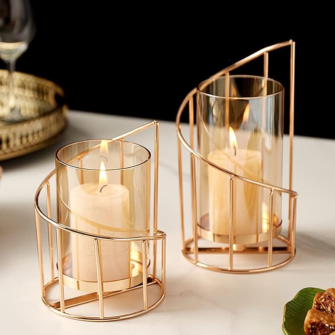 MrMrKura Metal Wire Candle Holder Set of 2, Glass Pillar Candle Holders Gold Decorative Tea Light Candleholders for Home Decor Table Decorations Centerpiece