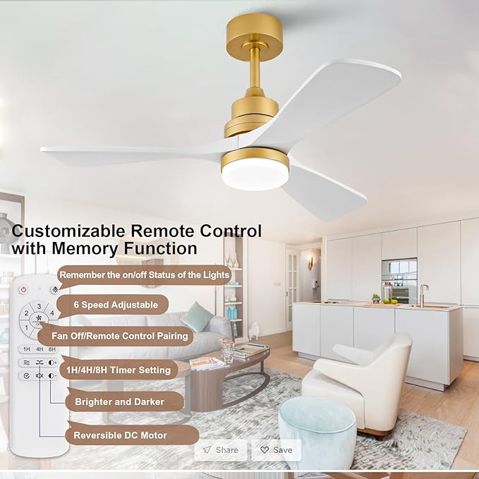 BOJUE 42 Inch Wood Ceiling Fans with Lights and Remote, White Gold Outdoor Ceiling Fan with Light, Dimmable 3 Blades Outdoor Fans for Patios Noiseless Modern Ceiling Fans for Bedroom Living Room