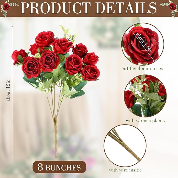 Zeyune 8 Pack 12 Inch Wedding Bouquets for Bride Bridesmaid Red Artificial Rose Bouquet Fake Silk Roses Flowers Bunches Bulk for Home Office Garden Parties Decoration