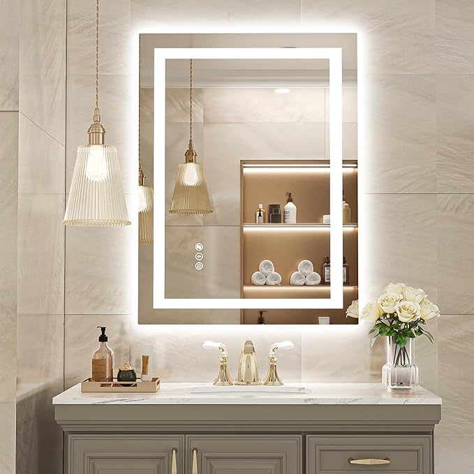 USHOWER LED Bathroom Mirror 24x32 Inch with Lights - Frameless Tempered Glass LED Backlit Lighted Mirror for Bathroom Vanity with Anti-Fog, 3 Colors Dimmable, Memory Function, Wall-Mounted