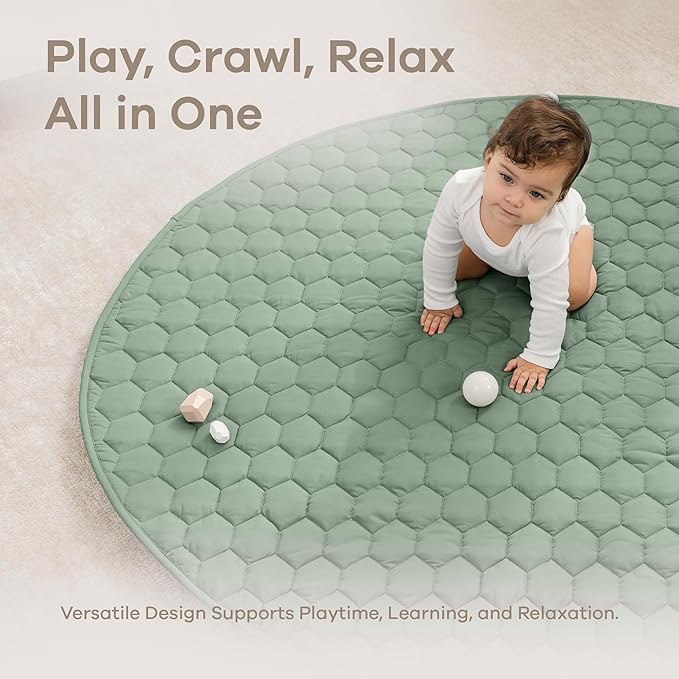 Comfy Cubs Round Kids Play Mat - Large 60 inches Soft Quilted Baby Floor Mat with Non-Slip Bottom - Plush Design for Toddlers' Playtime and Relaxation - Comfortable and Durable - Fern