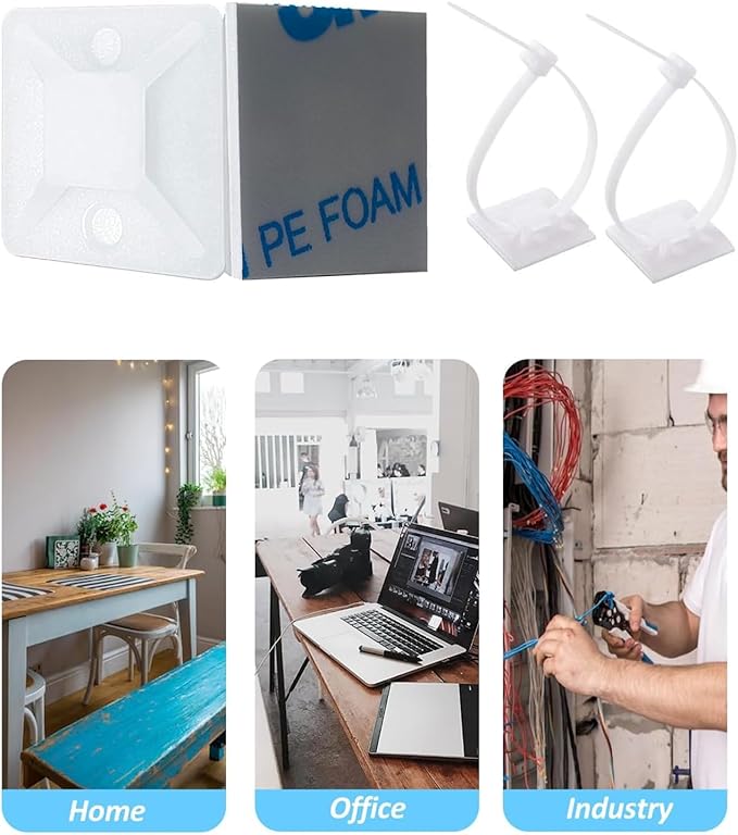 Cable Management Kit - 100 Set Adhesive Cable Zip Tie Mounts with 8" Zip Ties | UV Resistant Wire Organizers for Indoor/Outdoor Use - White