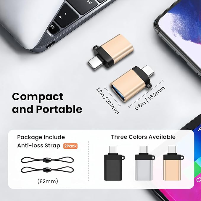 USB-C to USB-A Adapter (2-Pack), USB3.0 Data Transfer and Interface Conversion, Charging, OTG Support with Anti-Loss Cord - Gold