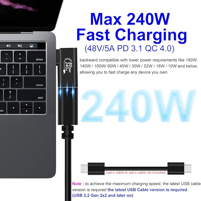 Flat Right Angle 90 Degree USB-C Male 10mm Tip to USB-C Female Adapter, Support 240W PD & 80Gbps Sync & 8K Video for iPhone 17 16 15 Series, Laptops Rugged Phones, Device with Deep Recessed Port