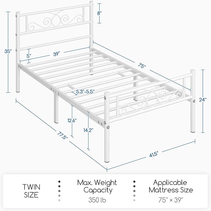 Yaheetech Twin Bed Frames Metal Platform Bed with Headboard and Footboard No Box Spring Needed Easy Assembly,Under-Bed Space: 12.6''/White/Twin Bed