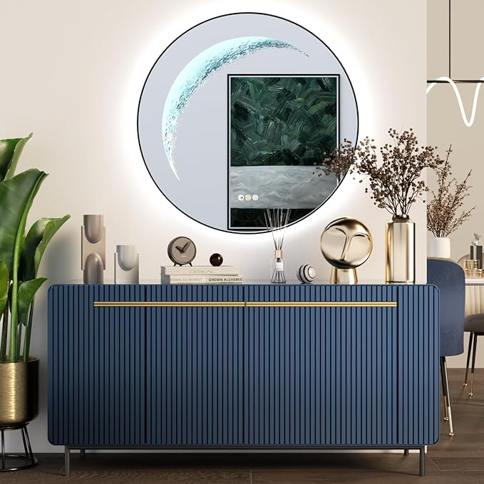 24'' Round Bathroom Mirror with Light, Black Circle Mirror with Backlit & Half Moon Light, Anti-Fog, Dimming Wall-Mounted LED Vanity Mirrors for Bathroom, Home Decor, Entryway