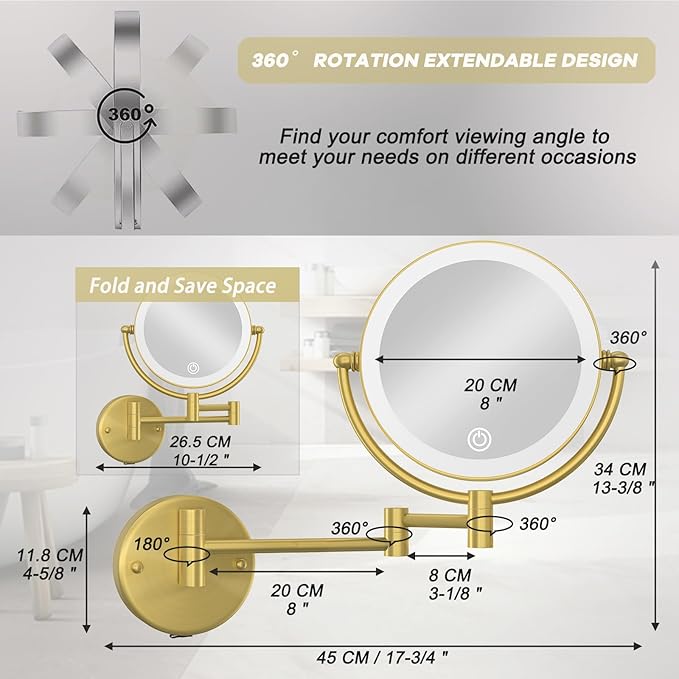 Rechargeable Wall Mounted Lighted Makeup Mirror with Magnification Gold, 8 Inch 1X/10X Magnifying Two Sided Led with Lights, 360 Swivel Extendable Shaving Mirror for Bathroom, Brushed Gold