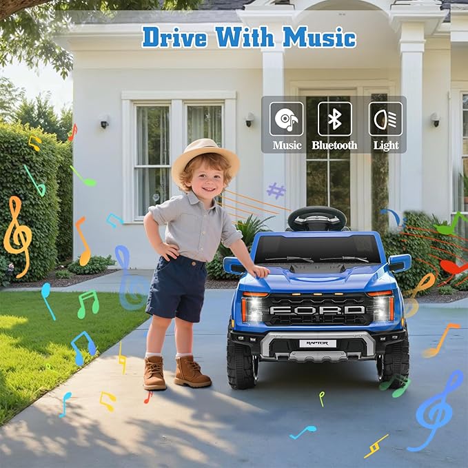 12V Ride on Car Licensed Ford F-150 Raptor, Kids Electric Car with Remote Control, LED Light/Music/MP3, Truck Bed Storage, 3-Point Seat Belt (12V, Blue)