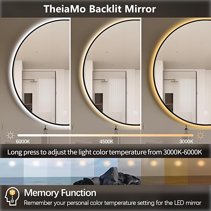 28" Round LED Bathroom Mirror, Wall Mounted Backlit Vanity Mirror with 45° Beveled Frame Lighted Mirror for Bedroom, Fog Free 3-Color Dimmable Lights Memory Function, Black