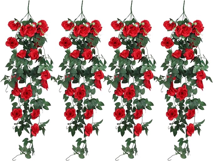 RECUTMS Hanging Rose Flowers Artificial Vine PlantsFlower Garland for Home Room Garden Wedding Indoor Outdoor Decoration (Red)