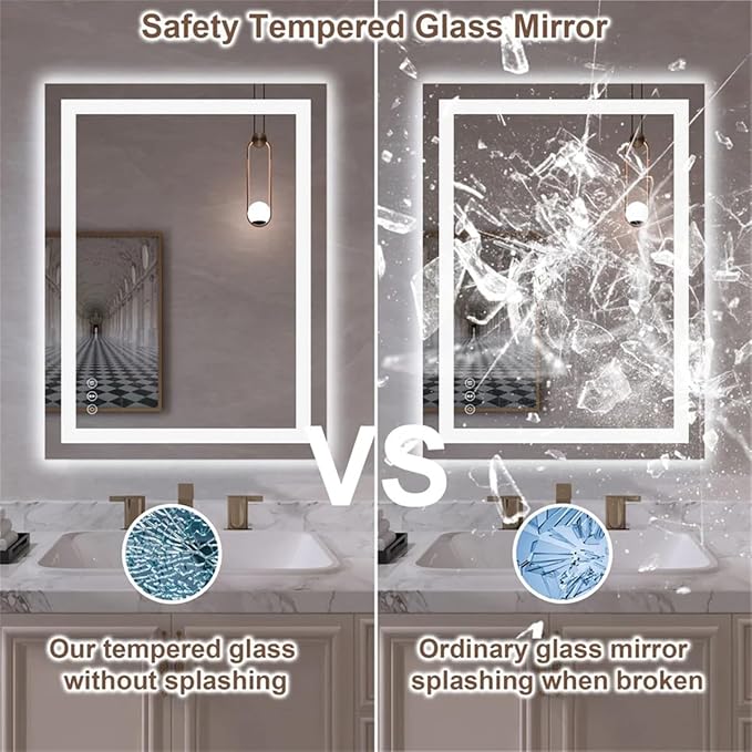 LED Bathroom Mirror 24"x 32" with Front and Backlight, Stepless Dimmable Wall Mirrors with Anti-Fog, Shatter-Proof, Memory, 3 Colors, LED Vanity Mirror(Horizontal/Vertical)