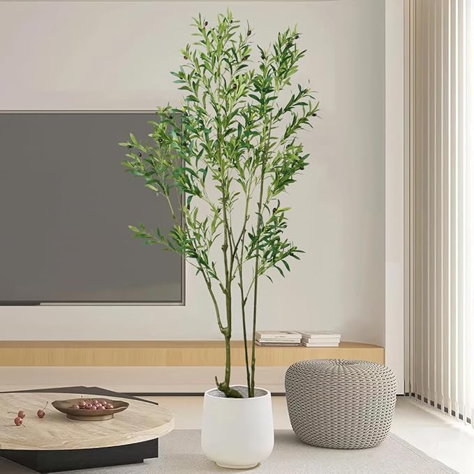 Faux Olive Tree 7ft(84in) Tall Artificial Plant Indoor Decor Large Realistic Potted Fake Modern Greenery with Natural Wood Branches and Green Leaves for Home Living Room,Bedroom,Office Decor.