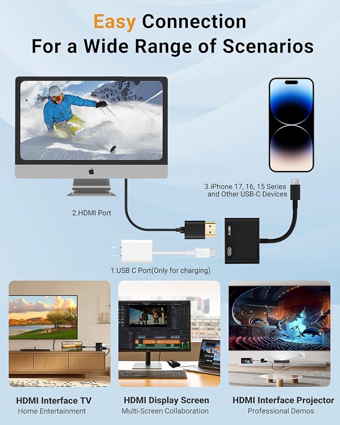 USB C to HDMI Adapter, Type C to 4K HDMI Adapter with 100W PD Multiport Digital AV Converter for MacBook Pro/air, iPad Pro/air, iPhone 15/16/17, Tablets, Switch and More USB-C Devices