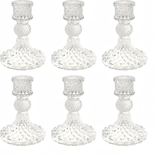 Glass Candlestick Holder,Striped Taper Candle Holders,Set of 6 Candle Stand for Table Centerpieces, Home Decor,Weddings,Festival and Parties (Clear Dimond Pattern)