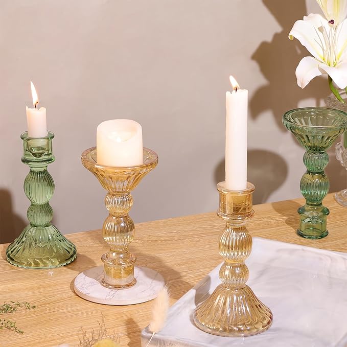 DARJEN 2 Pcs Gold Candlestick Holders - Vertical Stripe Glass Candle Holders for Taper and Votive Candles, Taper Candle Holder for Party, Wedding, Home Table Centerpieces & Gifts