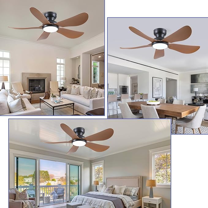 46 Inch Modern Ceiling Fans with Lights, Flush Mount Ceiling Fan with Light and Remote/APP Control, 5 Reversible 6 Speeds Curved Blades, 3 CCT Dimmable Lights for Kids Room, Brown