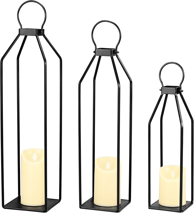 Perfnique Modern Farmhouse Lanterns, Set of 3 Black Metal Lanterns w/ 6hr Timer Flickering Flameless Candles, Decorative for Outdoor Decor, Front Porch, Indoor, Patio, Garden, Fireplace, Christmas