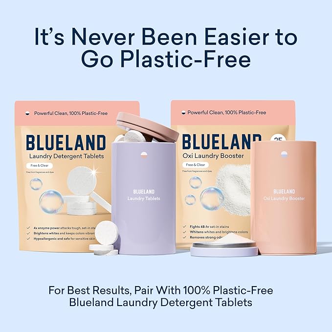BLUELAND Oxi Laundry Booster Powder with Tin, Starter Set, Fragrance Free & Clear, 25 Loads, 17.6 oz, Plastic-Free, Eco Friendly, Oxy Cleaner, Stain Remover