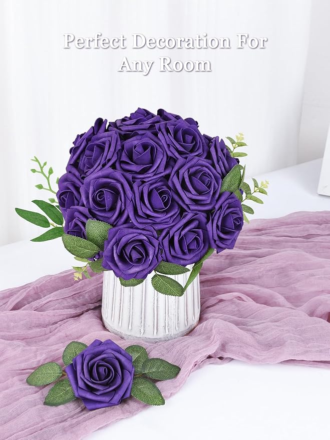 MACTING Dusty Purple Artificial Flower Roses 60PCS Real Touch Fake Flowers with Stem Foam Rose for DIY Wedding Bouquet Table Centerpieces Craft Party Holiday Home Mothers Day Decorations