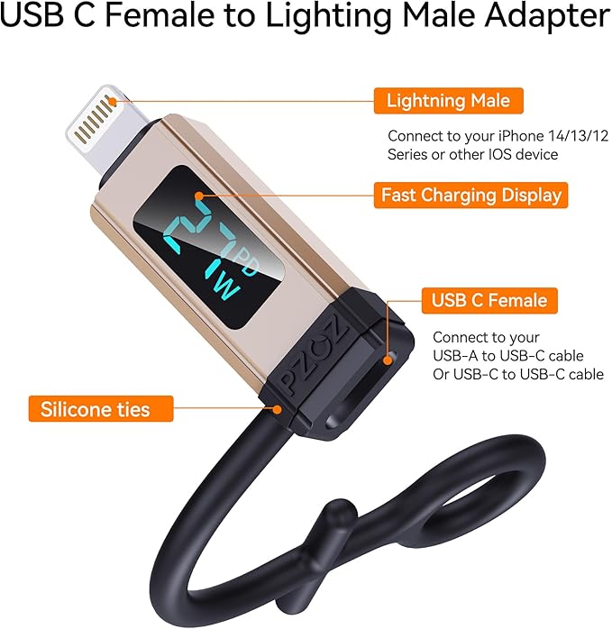 pzoz USB C to Lightning Adapter with LED Display, 27W Type C PD Fast Charging Lighting Adaptor for Phone 14/13/12/11/XS/XR/SE/AirPods, Fits MacBook Charger Cable, Support Data Transfer (1 Pack)
