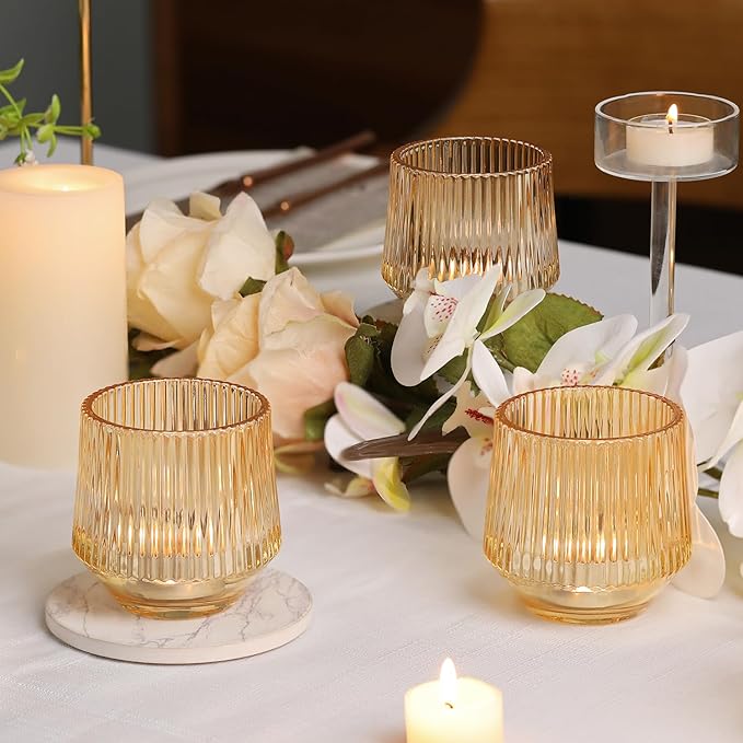 12 Pcs Large Gold Votive Candle Holders- 3.15"×3.15" Ribbed Gold Votives, Gold Tea Lights Candle Holders Votive Holders for Wedding Table Decor, Gold Glass Candle Holders for Table Centerpieces